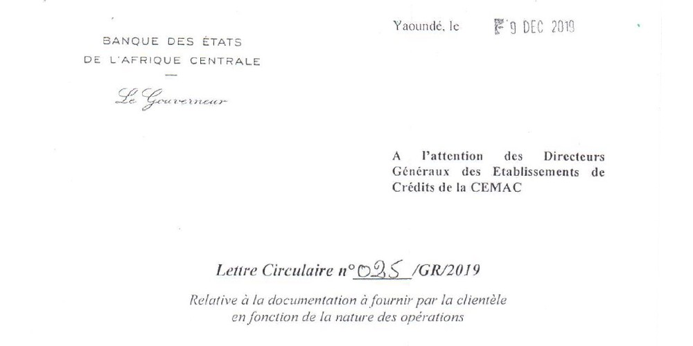 Lettre circulaire N°025/GR/2019 de la BEAC